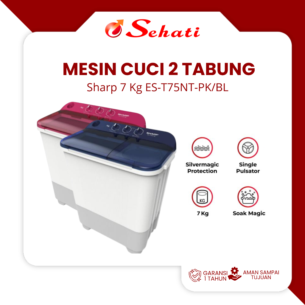 SHARP Mesin Cuci Twin Tub ES-T75NT-BL/PK Mesin Cuci Sharp [7 Kg] Blue/Pink - Garansi Sehati Online