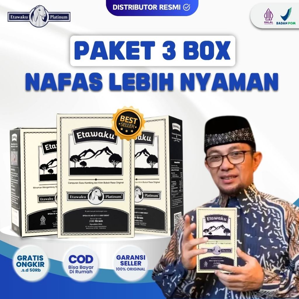 

PAKET 3 BOX ETAWAKU PLATINUM Susu Kambing Bantu Mengatasi Masalah Pernafasan - 200gr Halal