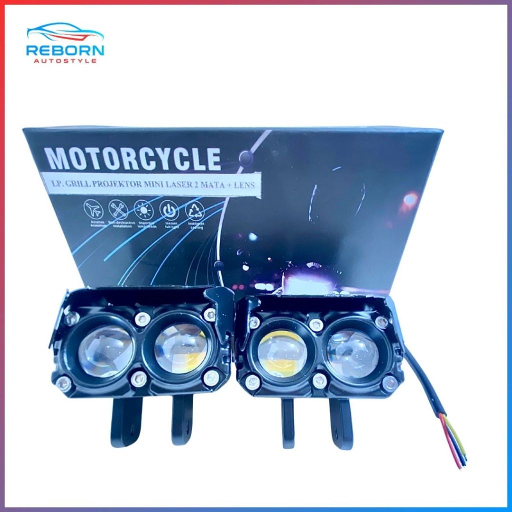 BT-6055 Lampu Grill Projektor Mini Laser 2 Mata+Lens Lampu Tembak Motor -Mobil Led Laser