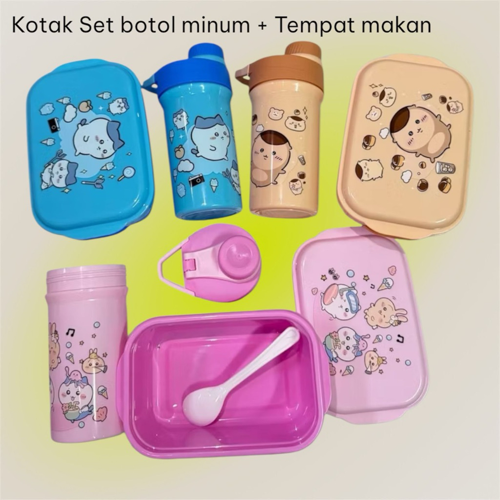 SET KOTAK MAKAN + GELAS ISI 2pcs Kotak Set Botol Minum & Tempat Makan dengan Desain Lucu dan Warna C