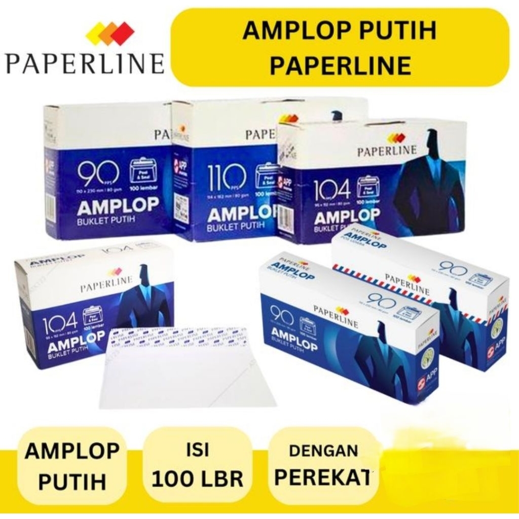 

Amplop Putih Polos Paperline Dengan Perekat 100 Pcs 90 PPS Polos / 104 PPS Polos / 110 PPS Polos - Box isi 100 Lembar.