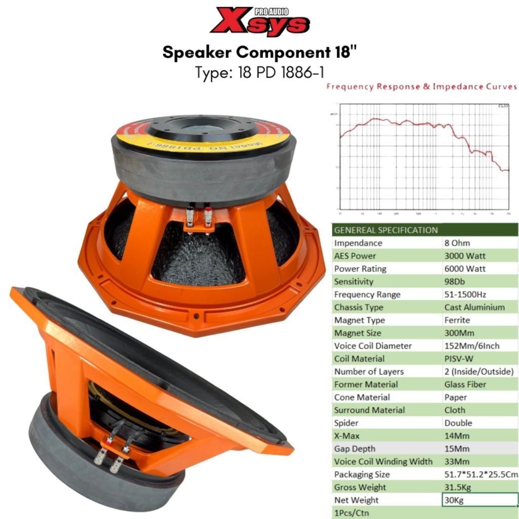 Speaker / Speker Komponen 18 inch Coil 6 X Sys PD 1886-1 Daun Coating ( Original )