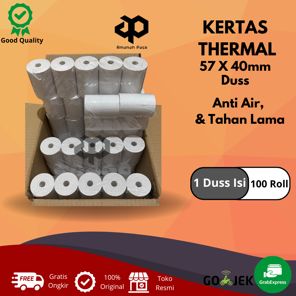 

KERTAS STRUK THERMAL PAPER ROLL 57x40 (1 Dus isi 100 Roll )TERMAL EDC THERMAL PRINTER MINI BLUETOOTH 57MM CORELESS