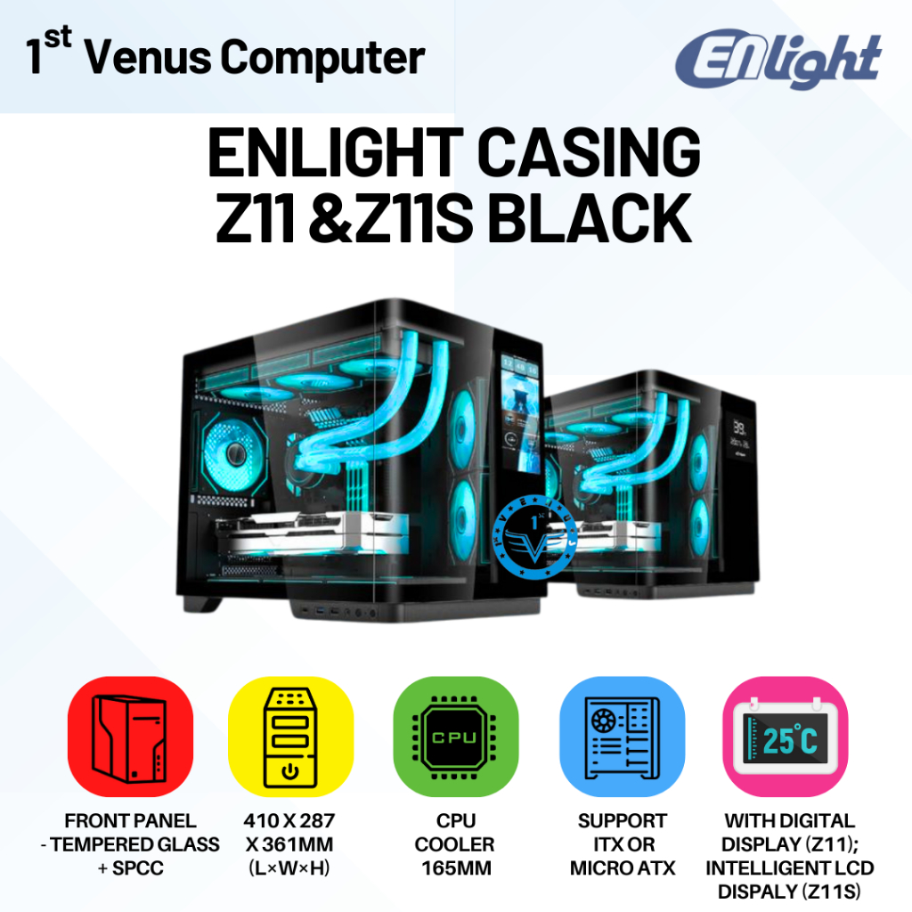 Casing PC ENLIGHT Z11 / Z11s LCD Digital Display  mATX Curve Temper - Black Casing Gaming Case EN / 