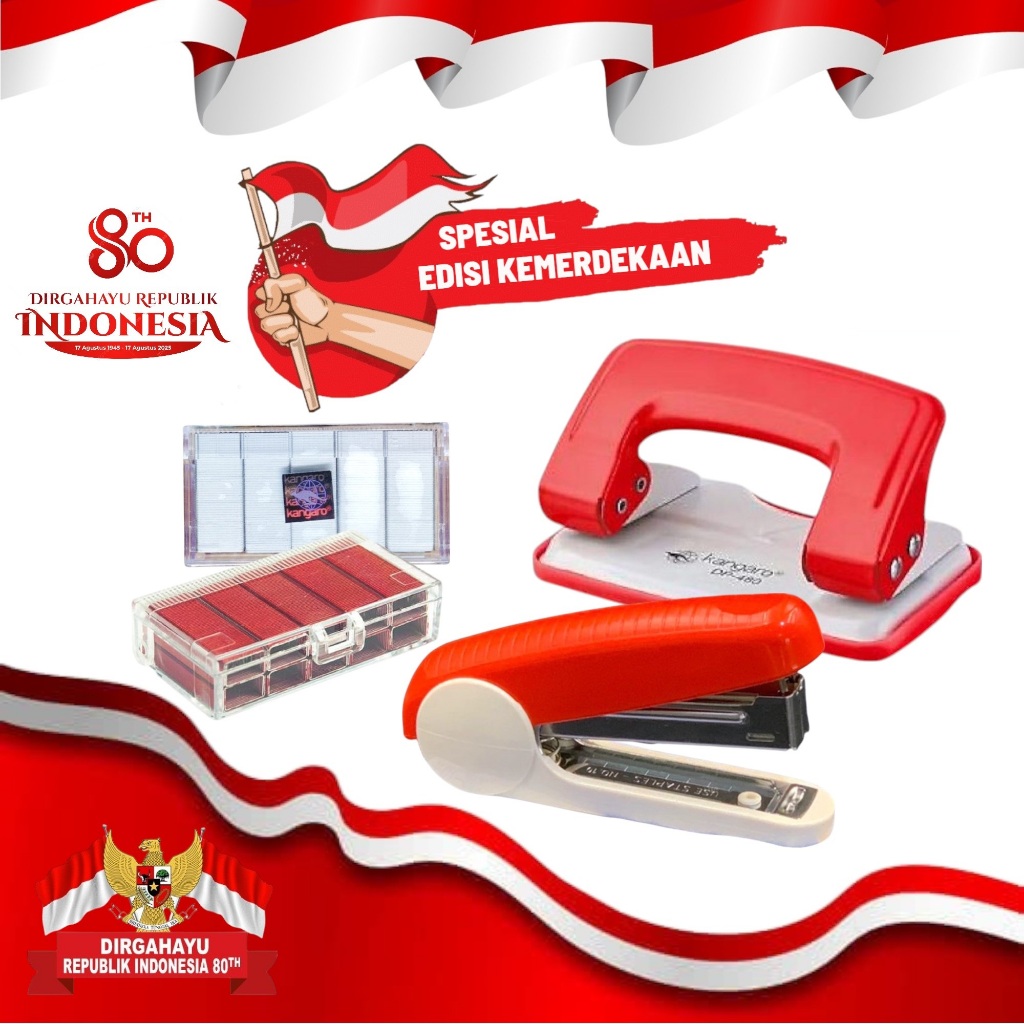 

KANGARO Spesial Edisi Kemerdekaan Stapler HS-10Y Merah / Pembolong Kertas DP-480 Insiro / Isi Staples No.10 Merah Putih