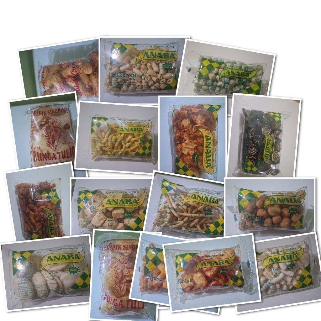 

Snack anaba, marning jagung anaba, kerupuk anaba, kacang telor anaba, kuping gajah anaba, kacang polong anaba, makaroni anaba, keripik bunga tulip, bidaran anaba, stik bawang anaba, marning pedas anaba. aneka camilan anaba