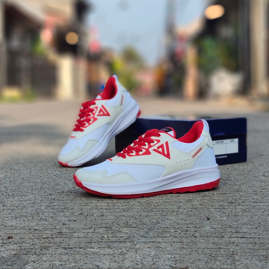 Sepatu Running Pria Wanita Vanderzu FR302 Original Sneaker Olahraga Lari Putih Lis Merah