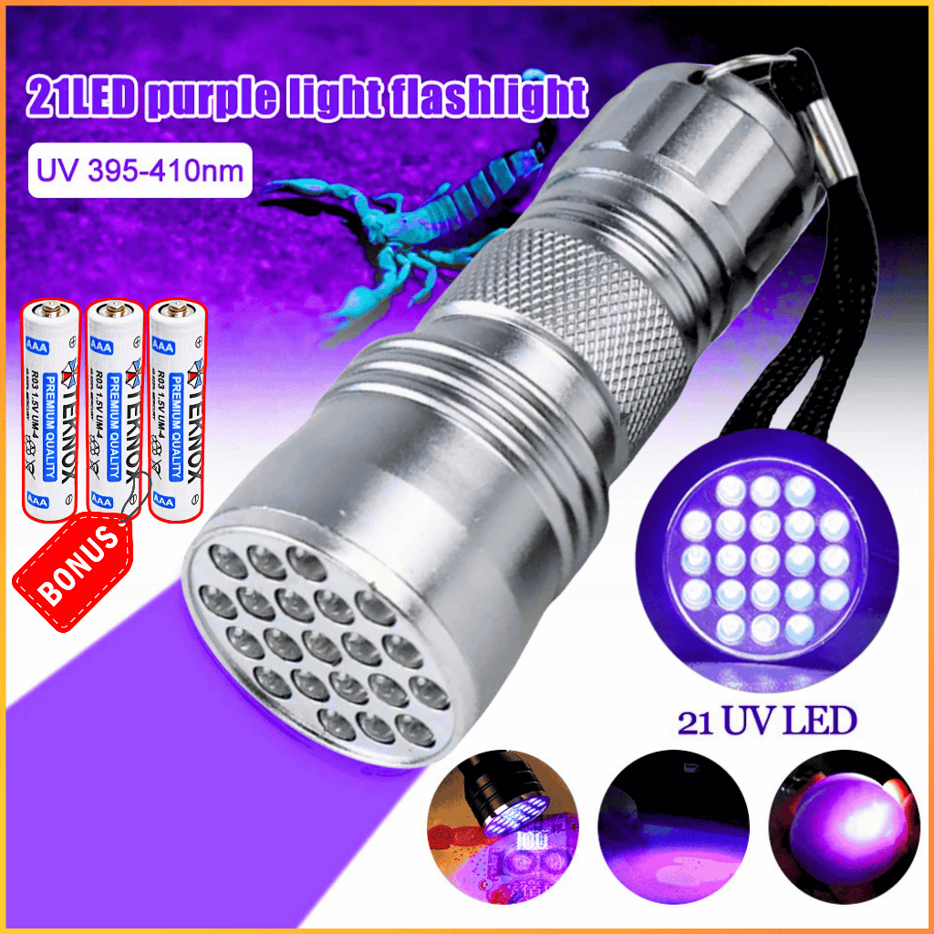 COD TaffLED Senterr Uv Ultraviolet Pendeteksi Uang 21 LED Money Detector 395nm With Baterai AAA 3PCS