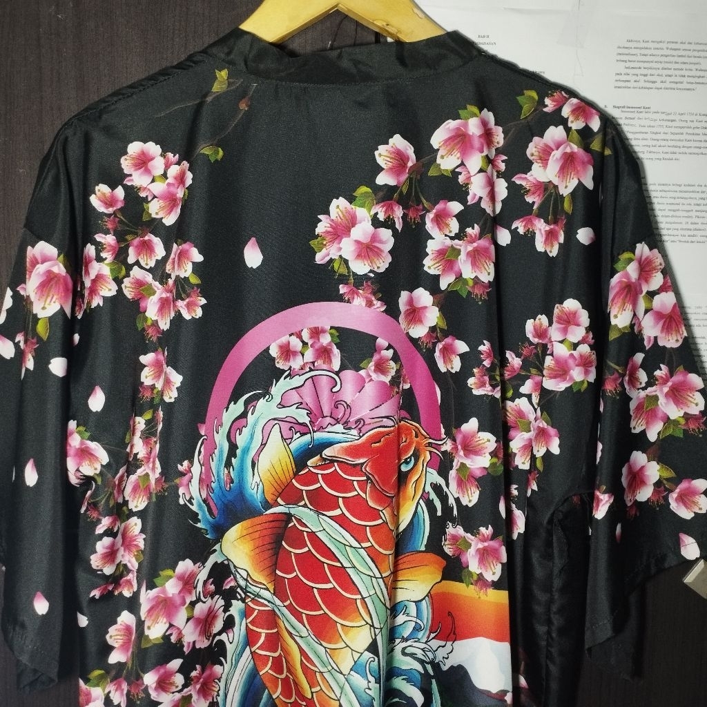 SUKAJAN/HAORI/OUTER JEPANG MOTIF IKAN BUNGA PINK PREMIUM ANHELON