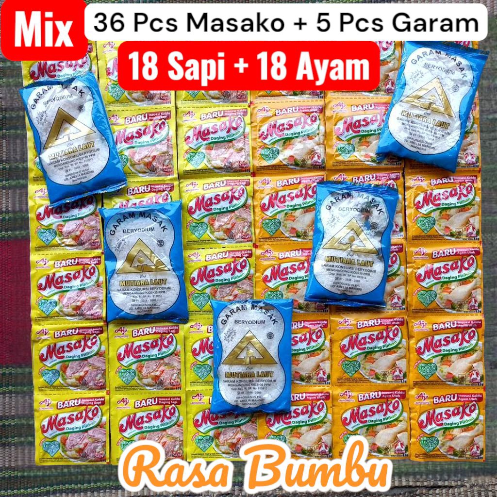

Mix Masako 18+18 (36pcs) ayam sapi | 5 pcs garam masak beryodium cap segiti mas teknologi modern + Masako 35 mix Pcs daging pilihan bumbu rasa baru sapi ayam