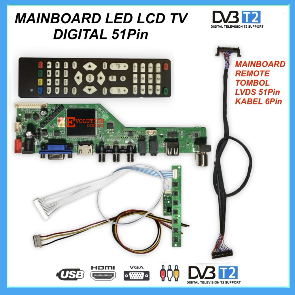 Universal LED LCD Tv Board Digital- Paket Mainboard LVDS 51pin FHD 32" - 56" / Mainboard TV Universa