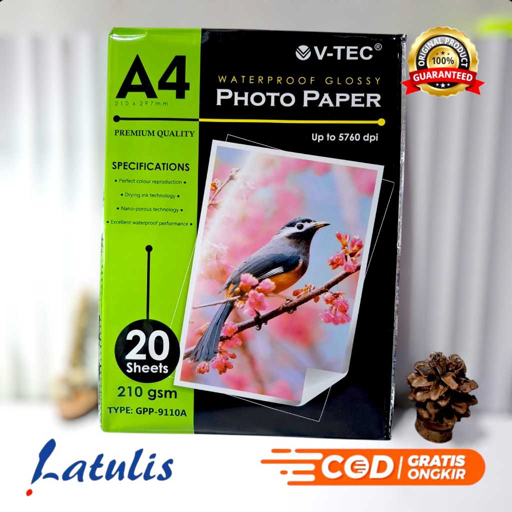 

(1 PACK = 20 LMBR) Kertas Glossy Photo Paper Vtec A4 210 gsm / Kertas Foto / Kertas Photo V-Tec