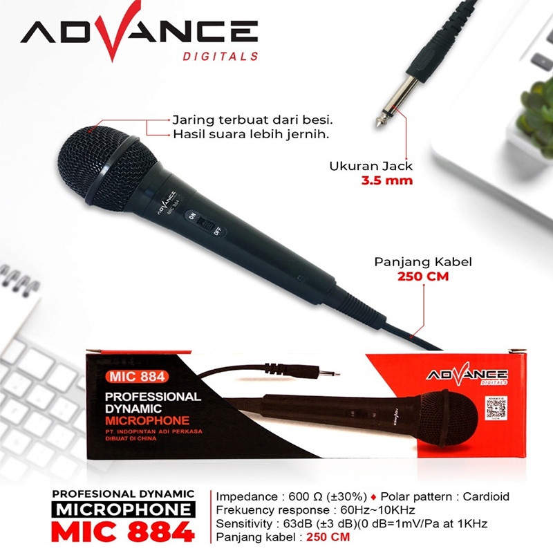 Advance MIC-884 Mic Kabel Panjang 3 Meter Colokan Besar Karaoke Mikrofon Microphone