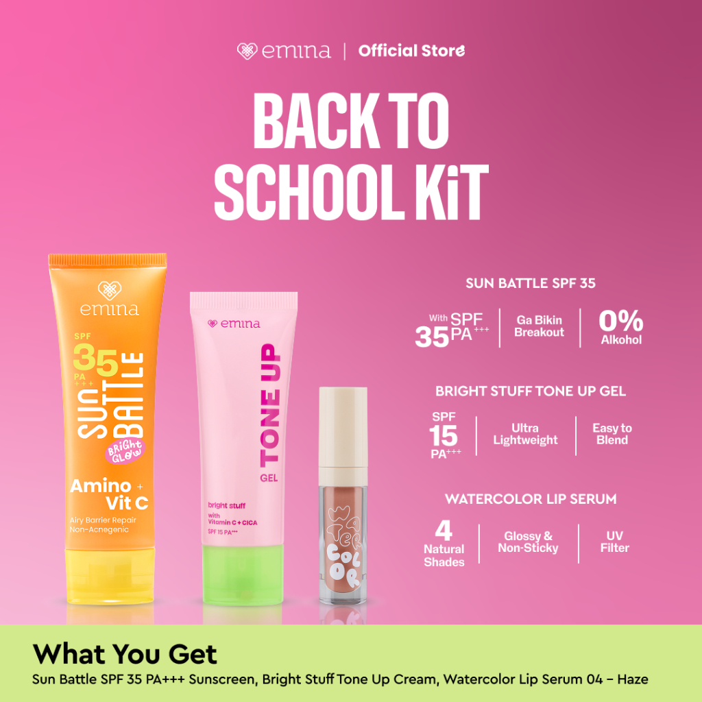 EMINA BACK TO SCHOOL KIT - (Lip Serum, Tone up Gel dan Sunscreen) SPF 35 - Mencerahkan, Melembapkan,