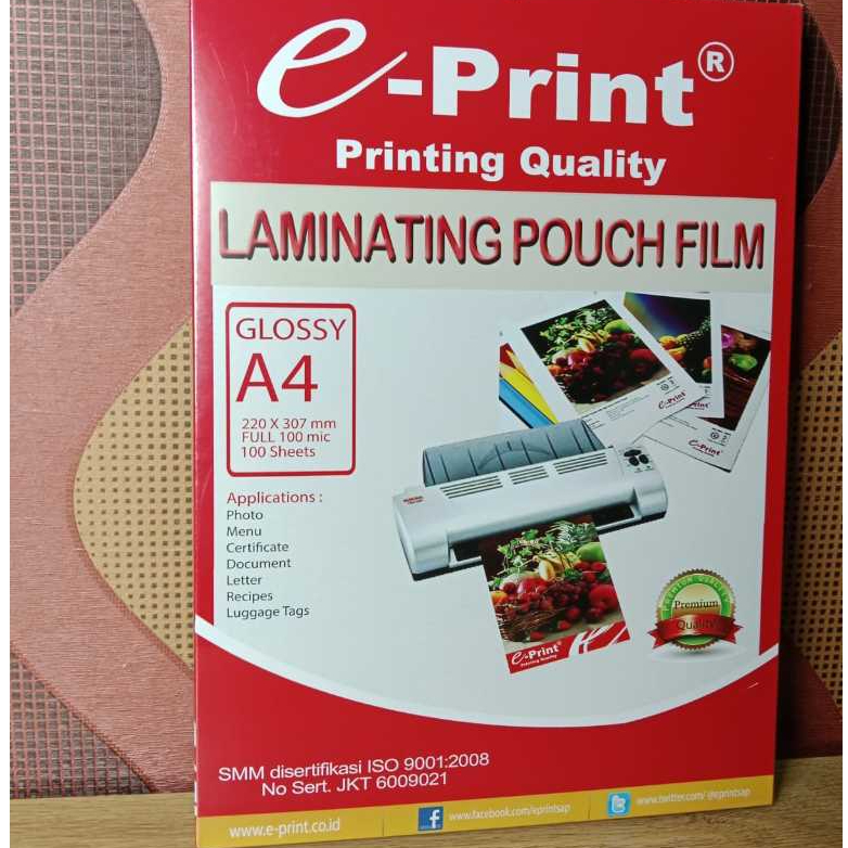 

PLASTIK LAMINATING A4 GLOSSY 100MIC 100 SHEETS E-PRINT [5013788]