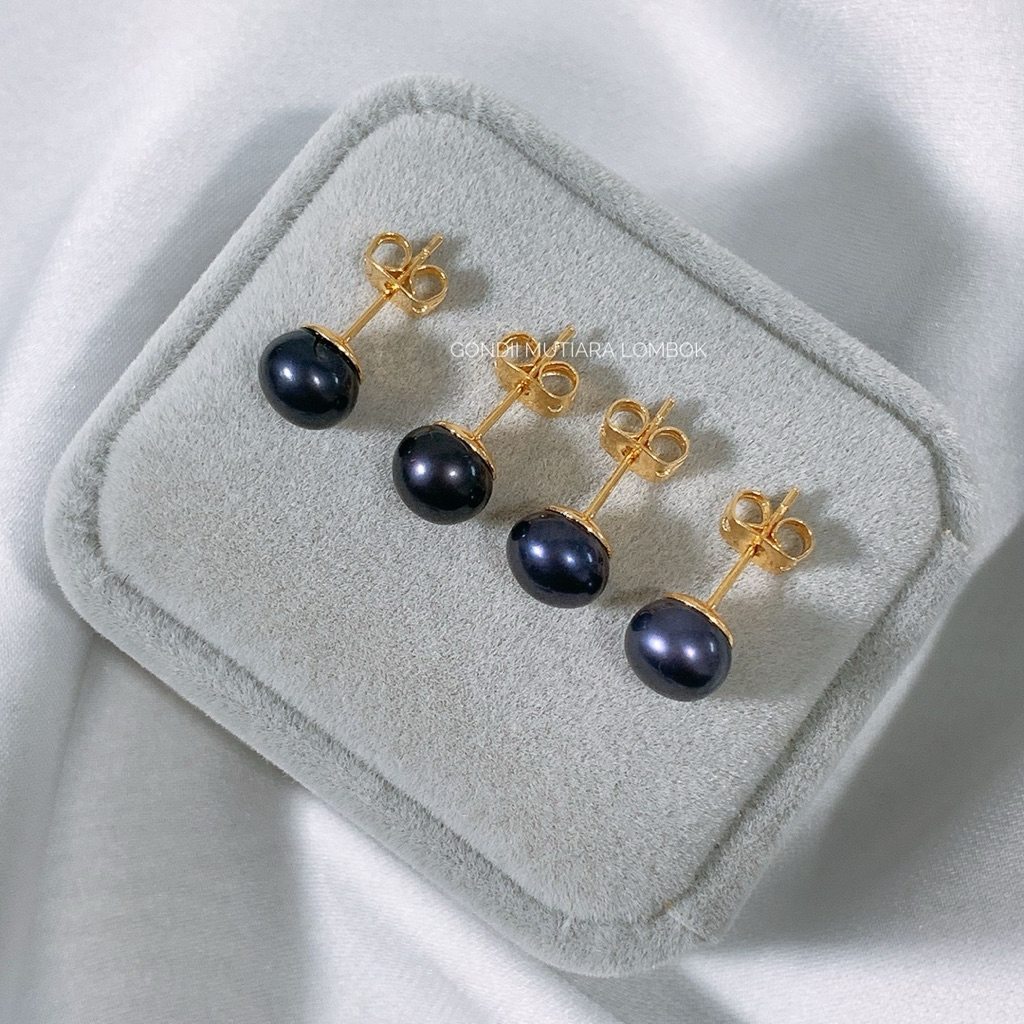 7mm Giwang Tusuk Mutiara Hitam | Stud Mutiara Asli Berwarna Hitam | Giwang Tusuk Minimalis Sederhana