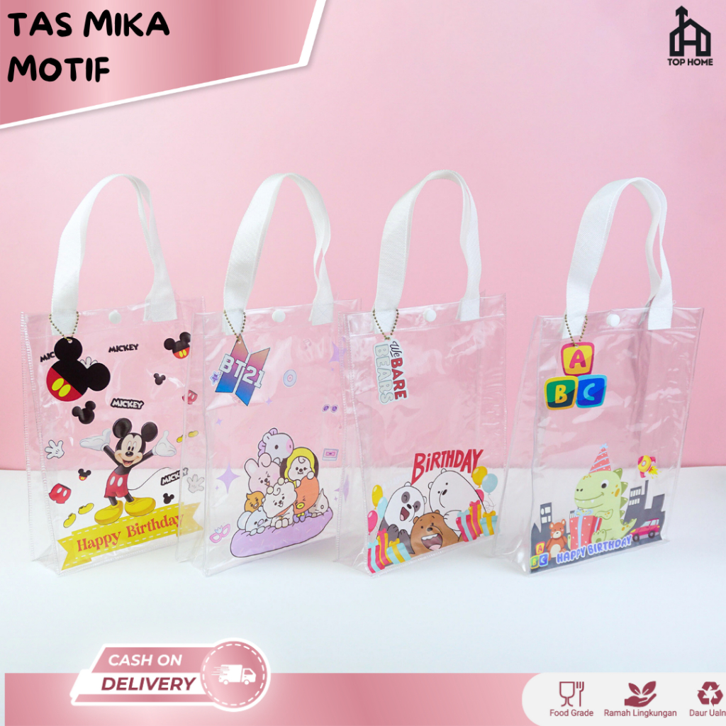 

Totebag Mika Tas Mika Ulang Tahun Bahan PVC Transparan Tas Tenteng Tote Bag Motif Mickey Dino Bear