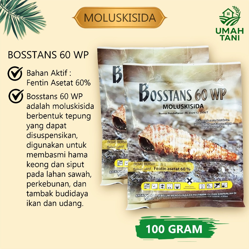 MOLUSKISIDA PESTISIDA BOSSTANS 60 WP 100 GRAM Obat Hama Siput dan Keong Sawah Pertanian Tambak