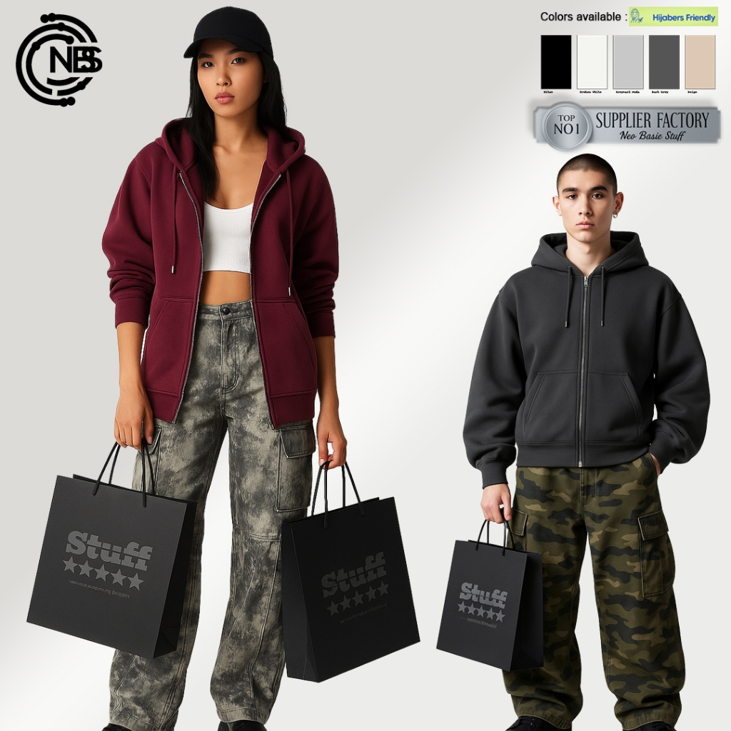[NBS] - Zipper Boxy Oversize Basic Polos Lengan Balon -  Hoodie Zipper Resleting Bahan Fleece CVC Le