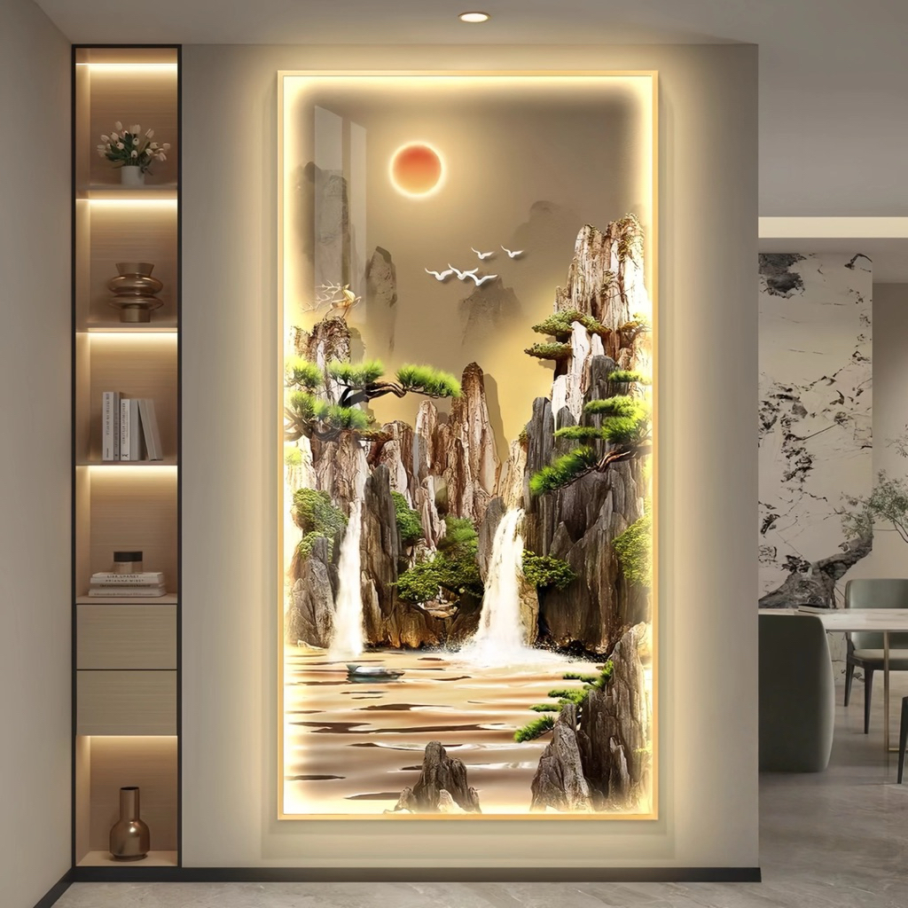 KOKOPAINTING Lukisan Porcelain Diamond LED 5D Kristal Motif Pemandangan Air Terjun Gunung Cina Fengs