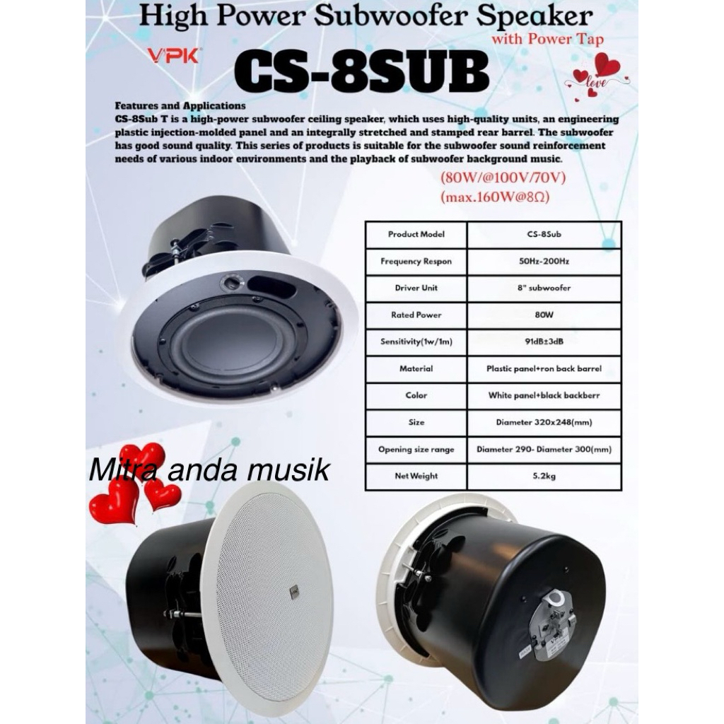 Speaker ceiling High Power Subwoofer Speaker with Power Tap VPK CS-8SUB vpk cs8sub vpk cs 8sub