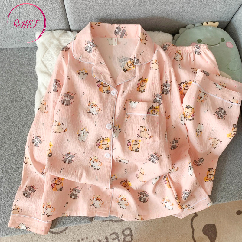 QHST Piyama Set Wanita Satin Anak anjing merah Lengan Panjang Celana Panjang Baju Tidur Import