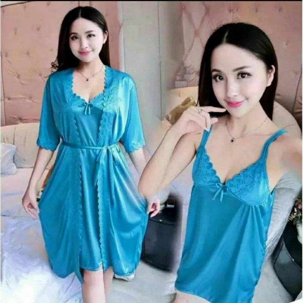 baju tidur 2in1 sexy lingerie satin tricot kimono
