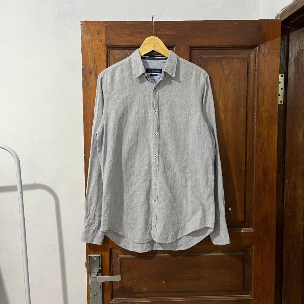 [M-L] ZARA Man Linen Cotton Shirt Long Sleeve I Light Grey Vintage Vtg Retro Kemeja Garis-garis Salu