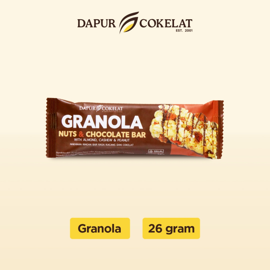 

DAPUR COKELAT - Granola Nuts & Chocolate Bar 26gr (1 PCS) | Snack Cemilan Sehat Cokelat dan Kacang-kacangan