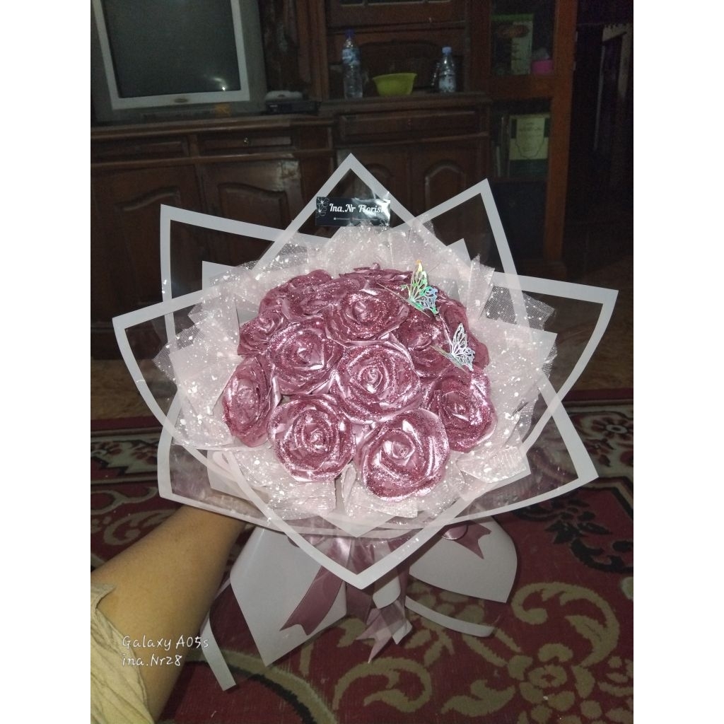 

buket pita satin Dusty Pink glitter 6, 8, dan 10 tangkai buket pita satin murah