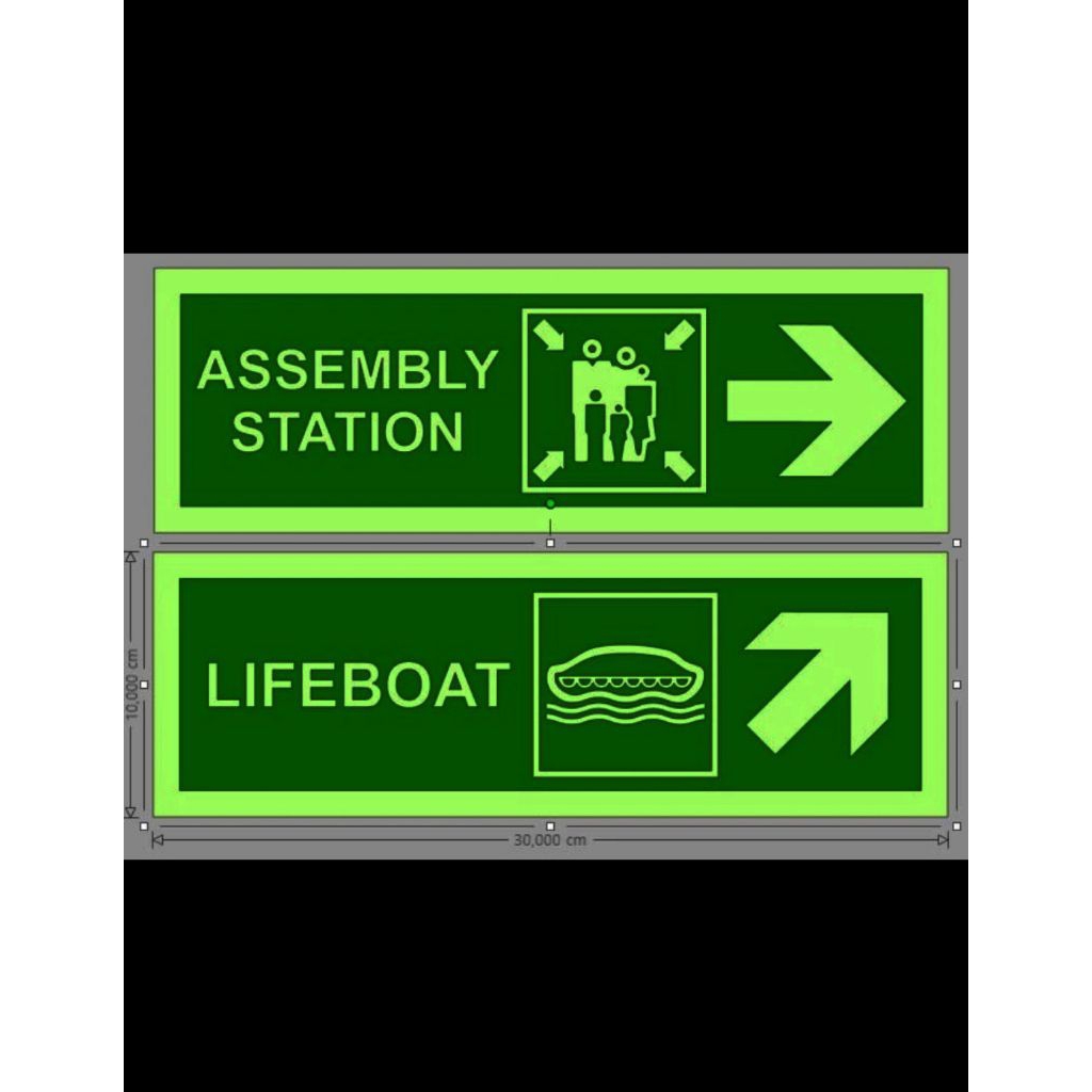 

SIGN STIKER ASSEMBLY STATION & LIFEBOAT ( GLOW IN THE DARK ) UK 10 X 30 CM.