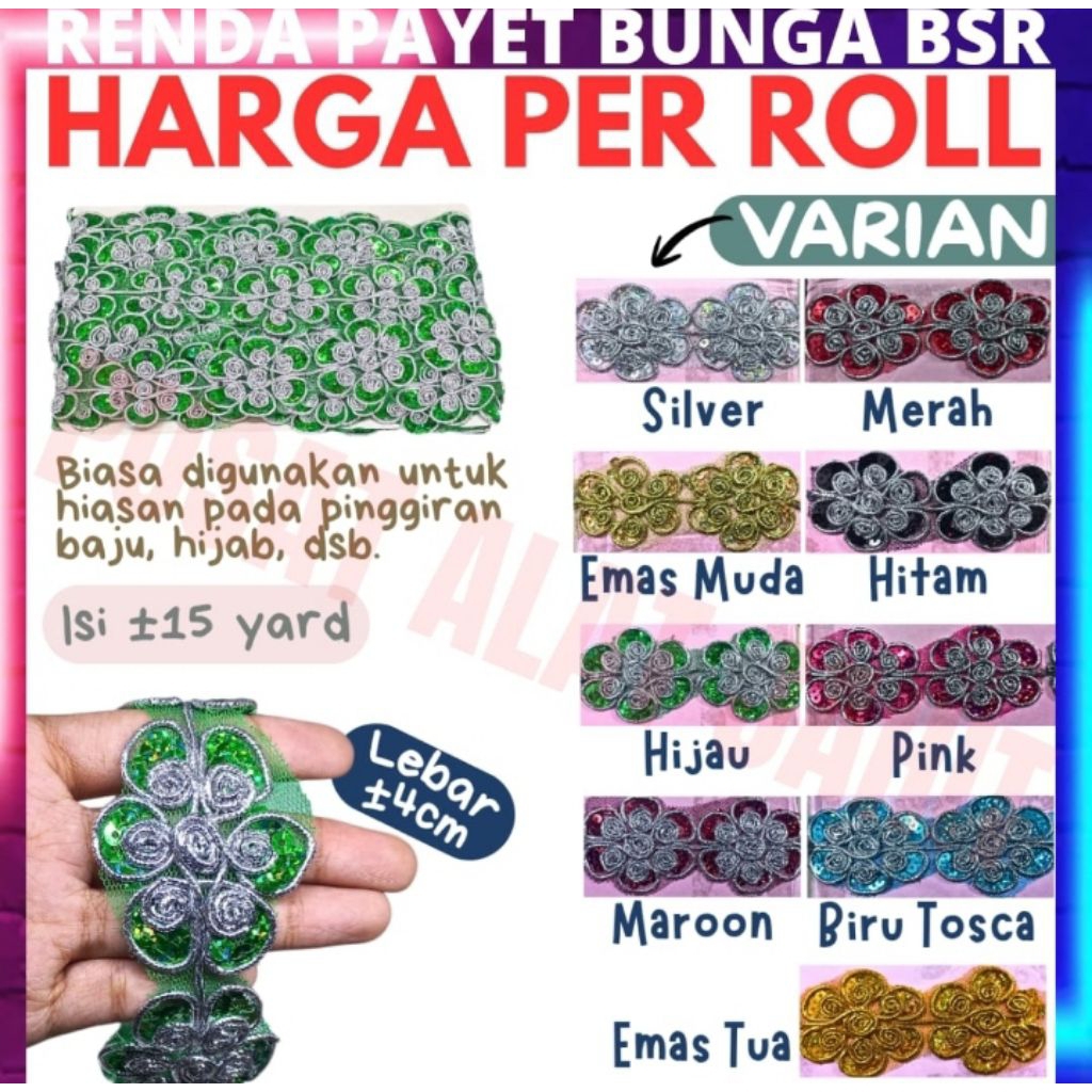 Renda payet bunga besar aksesoris accessories hias hiasan pinggiraan atasan bawahan baju gamis celan