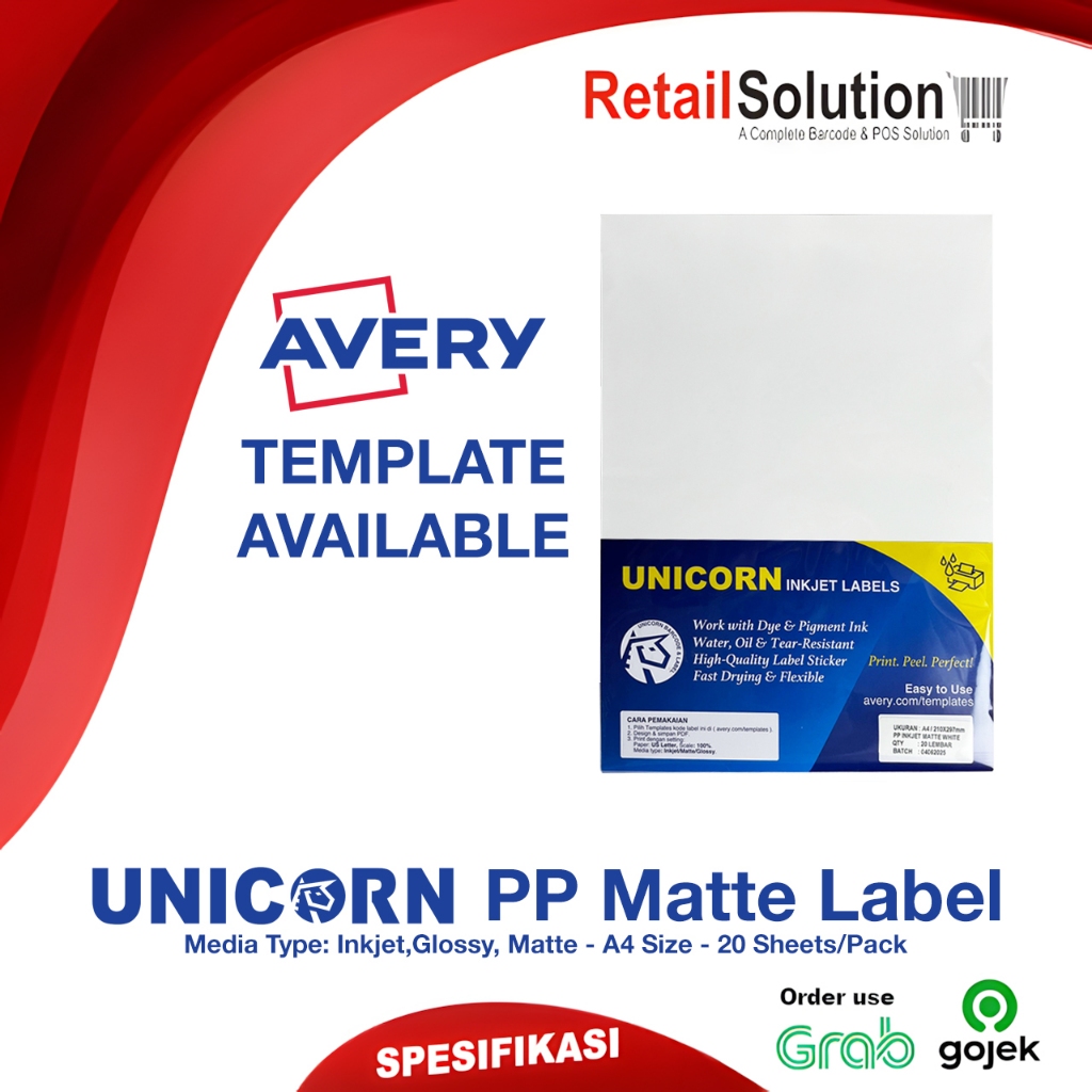 

Unicorn Inkjet Label A4 PP Matte - 210 x 297 mm 210x297 mm Avery Water Oil Tear Ressistant