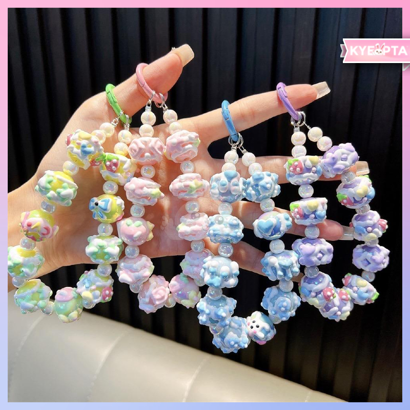 KYEOPTA Gantungan Strap Cloud Pita Love Motif Beads Phone Charm Gantungan Kunci Tas Gaya Lucu Korea 