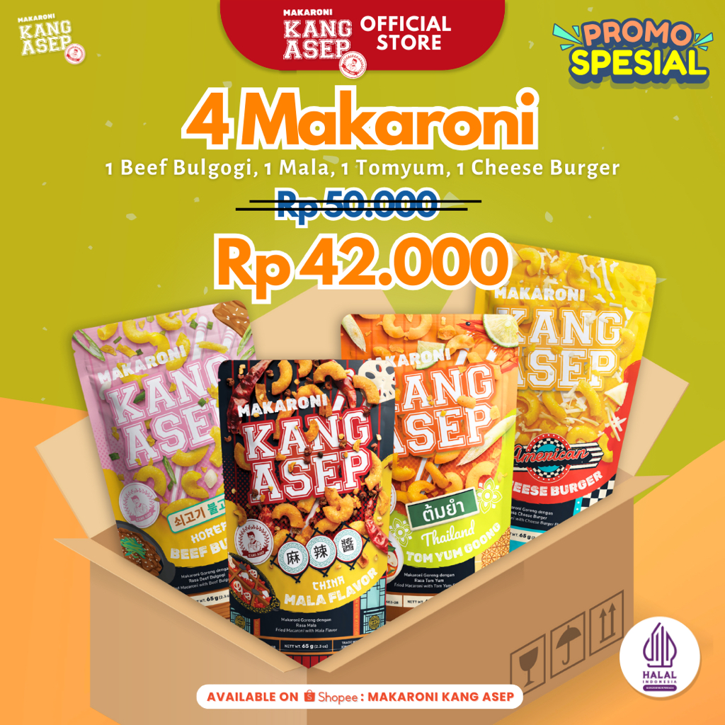 

Paket Hemat Makaroni Kang Asep Pouch Bundle 4 varian rasa terbaru (Beef Bulgogi, Mala, Tomyum, Cheese Burger) 65g
