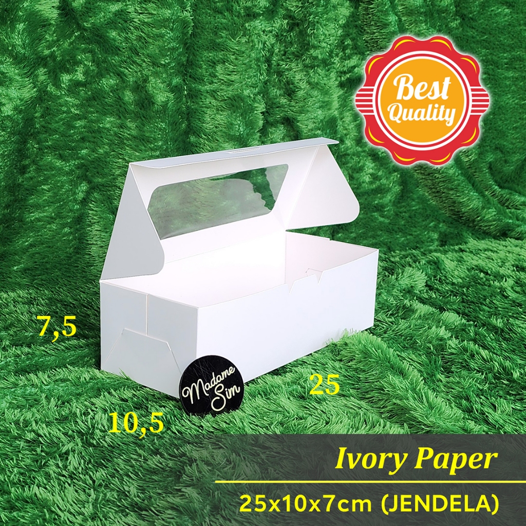 

BOX IVORY - KOTAK BOLU - DUS CAKE - KARDUS ROLL TART 25x10x7 - JENDELA (ISI : 10 PCS)