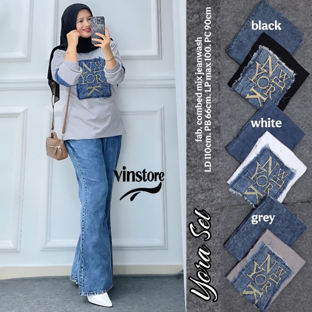 Setelan wanita trendy kekinian Yora set  VINSTORE bahan kaos combed mix jeanswash Ld110Cm , celana p