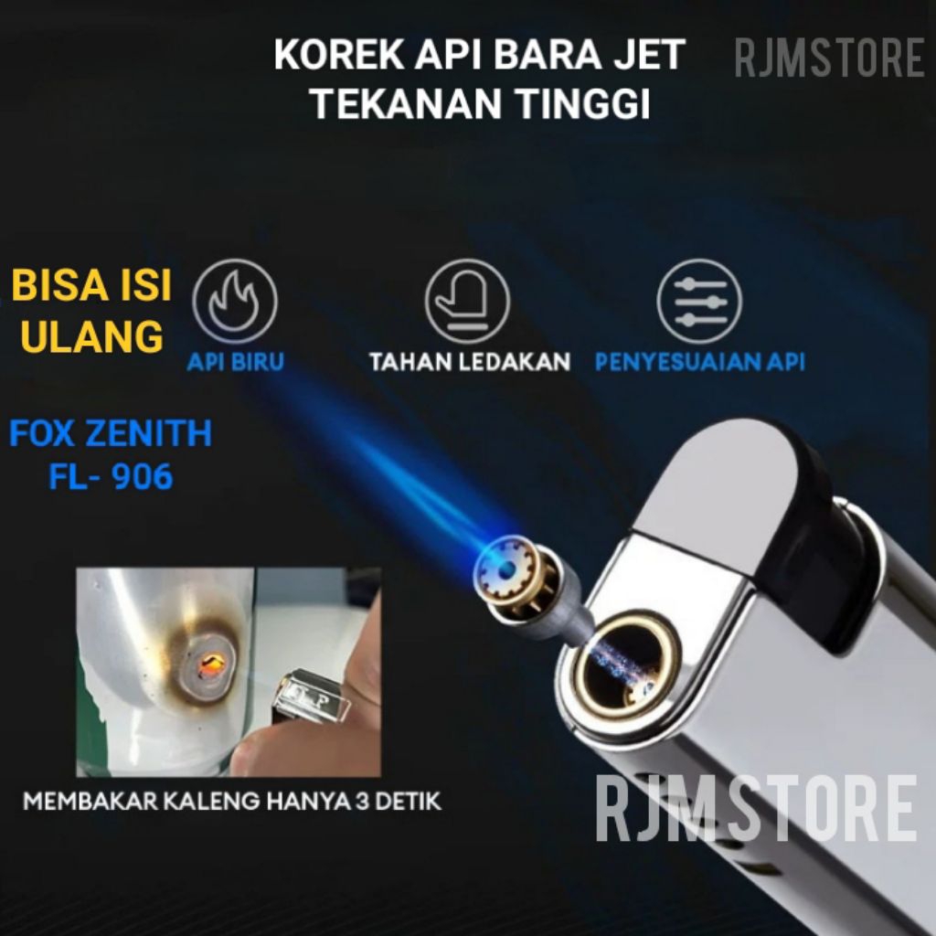 Korek Gas Bara Besi Metal Jet Fox Zenith 906 Premium Windproof Lighter