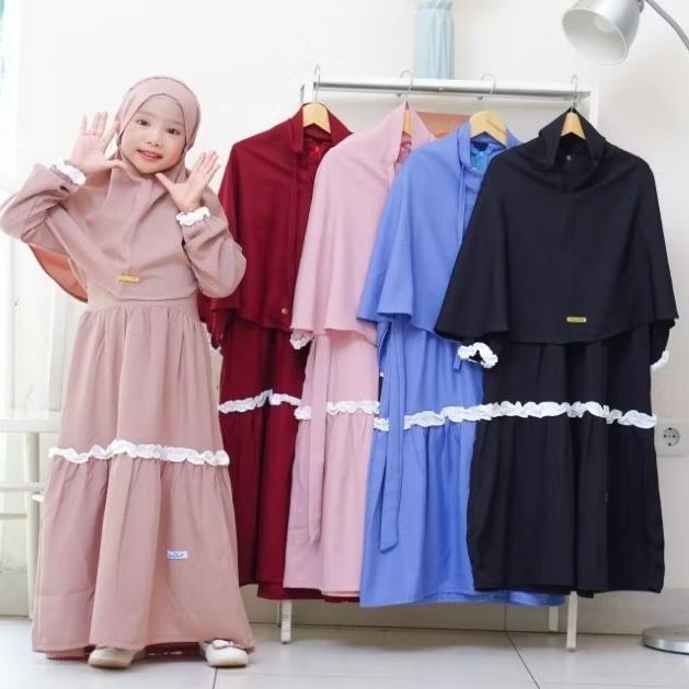 Gamis Anak Perempuan Syabia Series Set Syari Setelan Gamis Jilbab Usia 3 - 13 tahun Model Serut Umpa