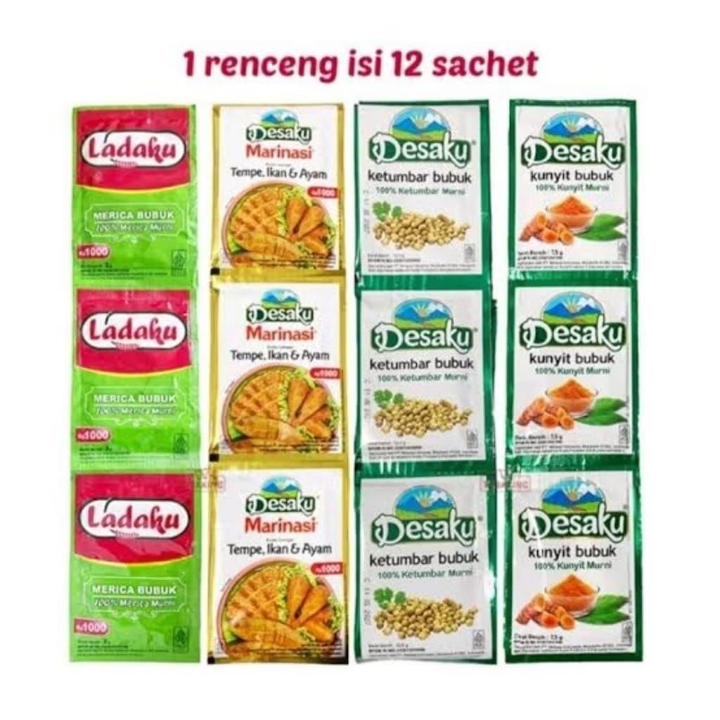

Desaku Bumbu Marinasi/ Ketumbar Bubuk/ Kunyit Bubuk/Ladaku Merica Bubuk/ Bawang Putih Bubuk Renceng Isi 12 Sachet