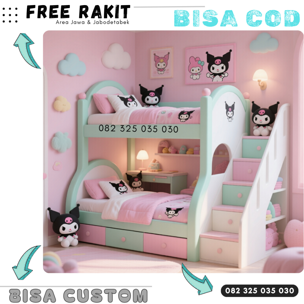 Dipan Tempat Tidur Kayu, Bunk Bed Anak Karakter Kuromi
