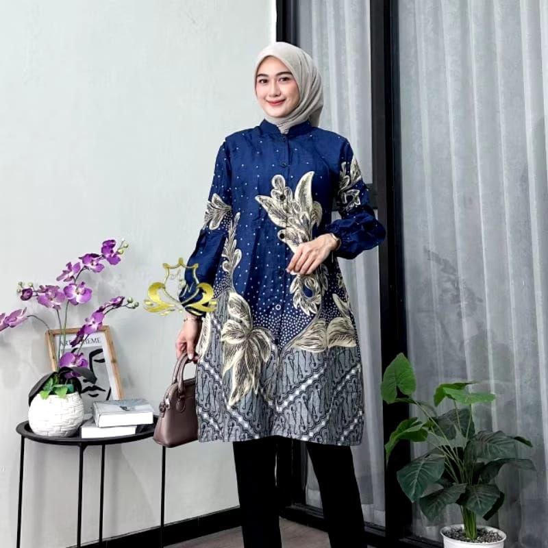 Atasan Batik Muslimah Tunik Batik Wanita Lengan Panjang Syari Modern Kerja Kantor Terbaru B1