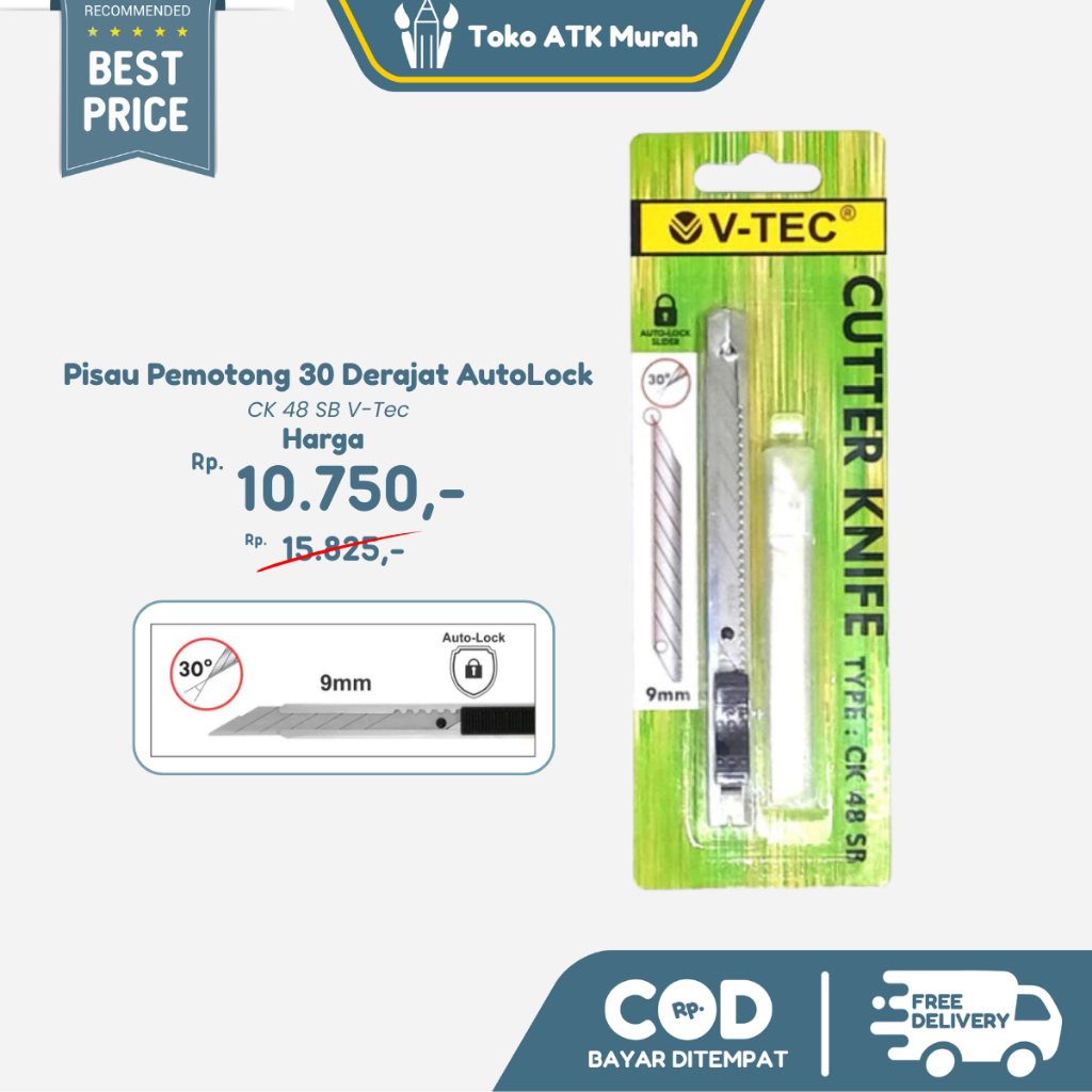 

[FREE REFILL] Cutter Knife CK 48 SB V-Tec / Pisau Pemotong 30 Derajat AutoLock