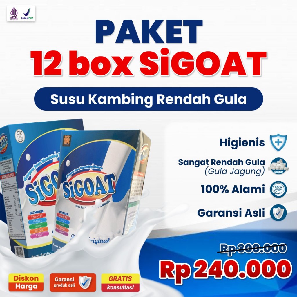 

PAKET 12 BOX SUSU KAMBING ETAWA BUBUK SIGOAT ALAMI MURAH ORIGINAL UNTUK ATASI NYERI TULANG PUNGGUNG SENDI ASAM URAT PEGAL LINU SYARAF KEJEPIT ASMA SESAK NAFAS BATUK MENAHUN PARU-PARU NYERI DADA