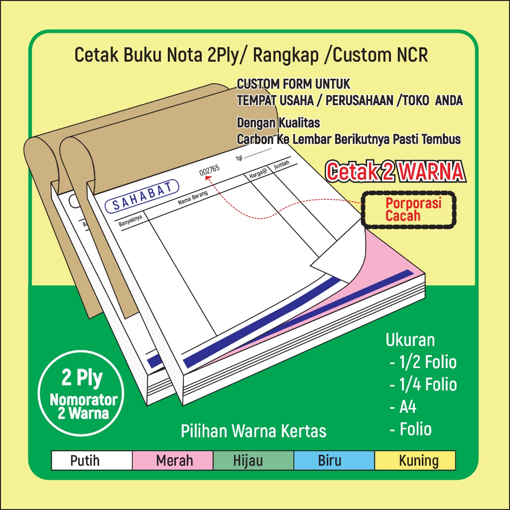 

Cetak Buku Nota 2 ply 2Warna Nomorator Custom/NCR