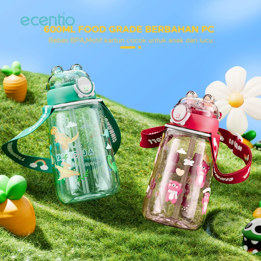 ECENTIO Botol Minum Anak Karakter Beruang Dengan Sedotan 750ml Portable Dengan Tali Anti Tumpah
