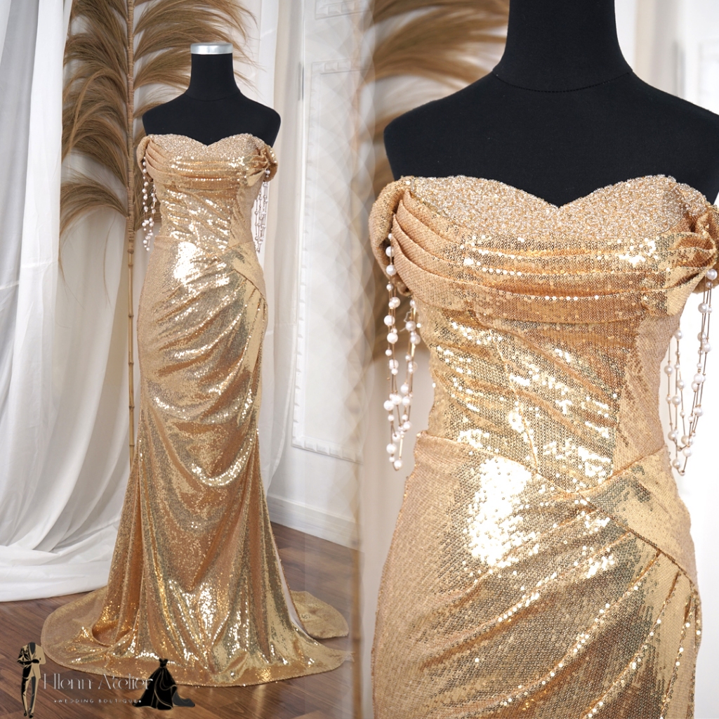 Gaun Pesta Shimmer Emas / Gold Evening Slim Dress / Sequin Dress