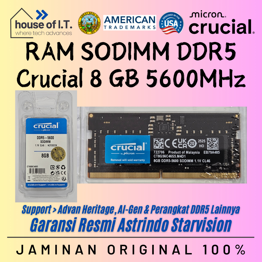 Crucial RAM Sodimm 8GB DDR5 5600MHz - Crucial RAM Sodimm 16GB DDR5 5600MHz - Garansi Resmi ASTRINDO 