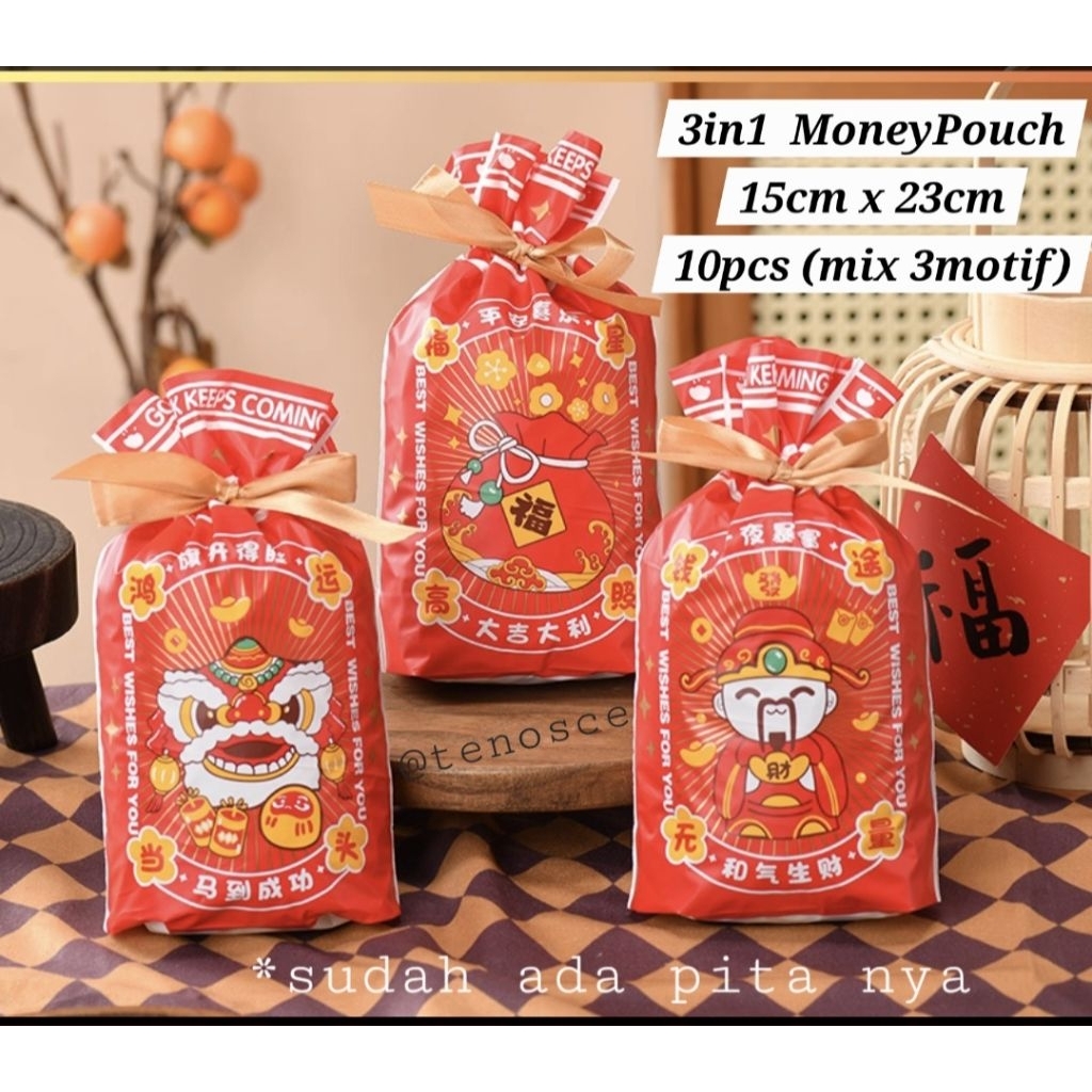 

10pcs Kantong Plastik Tas Serut Souvenir Cookies Candy Bag Kue Kering Hampers Hadiah Bingkisan Pouch Imlek Konien Fu
