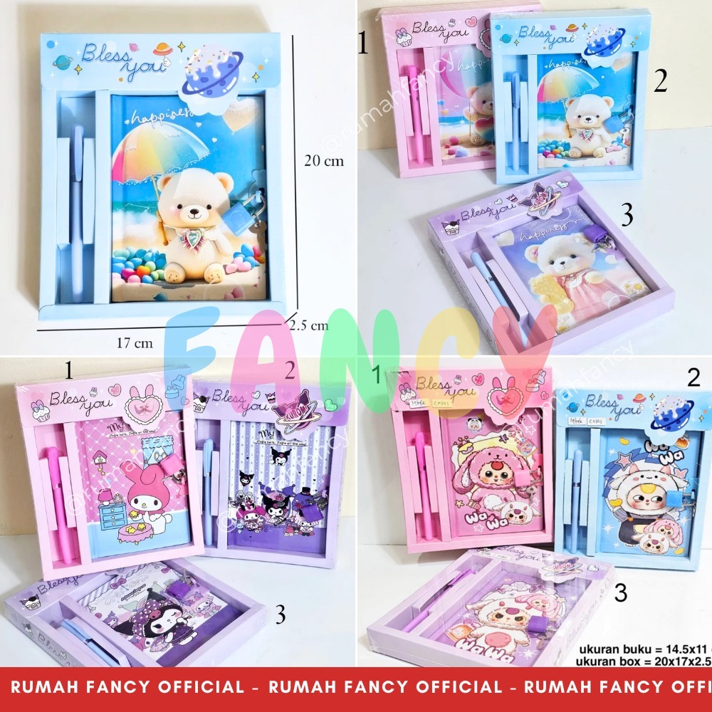 

Buku Diary Anak Kunci Gembok + FREE Ballpoint / Pulpen Set Diary Anak Cewek / Cowok Kartun Lucu Unik